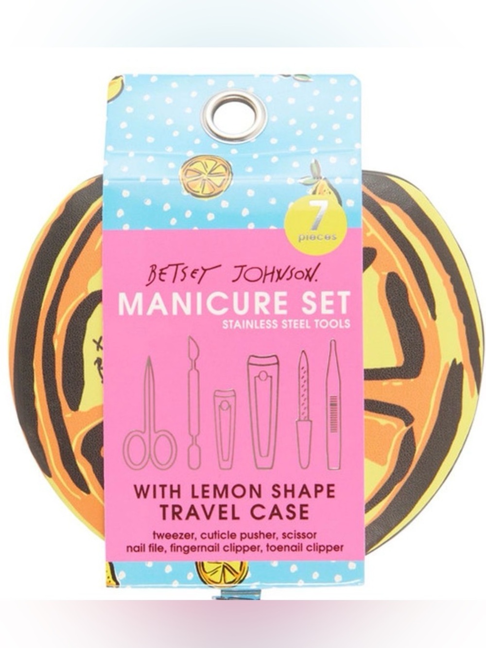 NWT Betsey Johnson Manicure Set, w/lemon shaped travel case & 7 tools